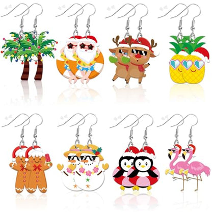 8 Pairs Summer July Christmas Acrylic Earring for Women | Pineapple Tree Santa Claus Earrings, Christmas in Summer Jewelry Gifts Party Accessories, Lightweight Acrylic, Double Side - style: july Christmas