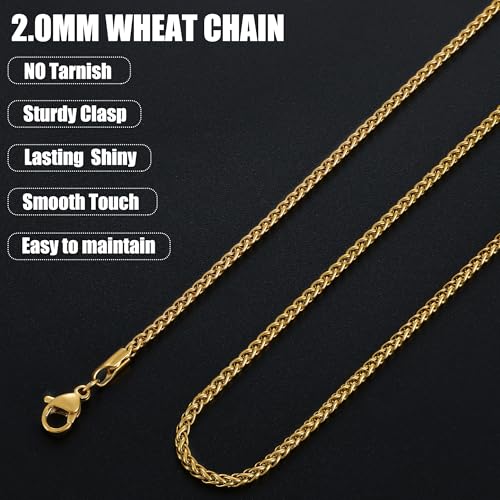Fiusem Wheat Chains for Men and Women, Silver Tone/Black/14K Gold Plated | 2/2.5/3/4/5mm Stainless Steel Necklace Chain, Mens Necklace Jewelry Gift 16-28 Inch - size: 16 Inches, style: Gold 2.1MM