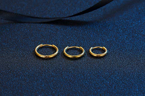 Black Hoop Earrings for Men 8mm 10mm 12mm – Surgical Stainless Steel Hypoallergenic Mens Small to Medium Hoop Earrings Set (3 Pairs) - style: D:3pairs,8mm+10mm+12mm,gold