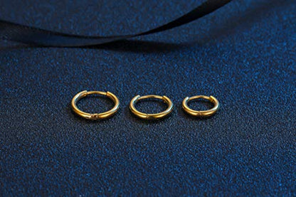 Black Hoop Earrings for Men 8mm 10mm 12mm – Surgical Stainless Steel Hypoallergenic Mens Small to Medium Hoop Earrings Set (3 Pairs) - style: D:3pairs,8mm+10mm+12mm,gold