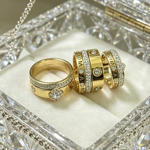 Love Friendship Gold Rings Set for Women 18K Gold Plated Titanium Steel Dainty Cubic Zirconia Rings Fashion Stacking Bands Valentines Day Mother's Day Christmas Day Best Gifts - color: Gold