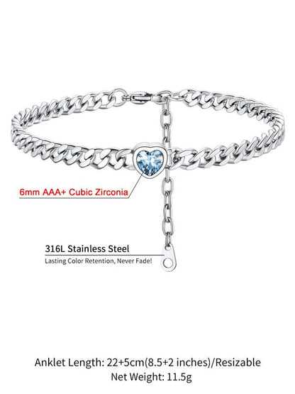 ChainsHouse Cuban Chain Anklets for Women with Heart Birthstone Jan - Dec | Stainless Steel Black Link Chain Ankle Bracelet with Birthstone, Beach Women Anklet 22cm-27cm Adjustable, with Gift Box - color: 03. Mar-Aquamarine-Steel