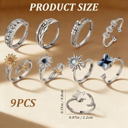 Adjustable Fidget Spinner Rings for Anxiety, 9 Pcs Silver Metal Rotatable Bands to Relieve Stress, Calming Worry Jewelry for Women Men, Durable Open Ring Set