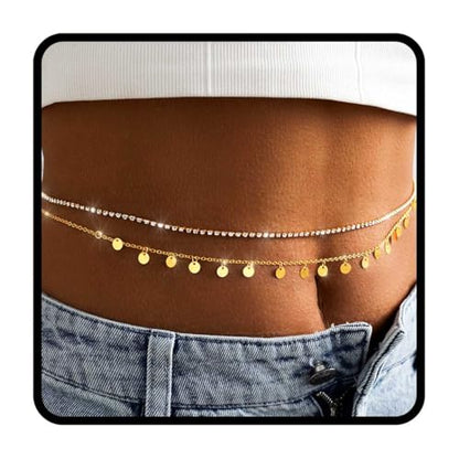 Tgirls Gold Waist Chain for Women Rhinestone Layered Belly Chains Beads Body Chain Heart-Shaped Beach Body Jewelry for Summer - style: Rhinestone