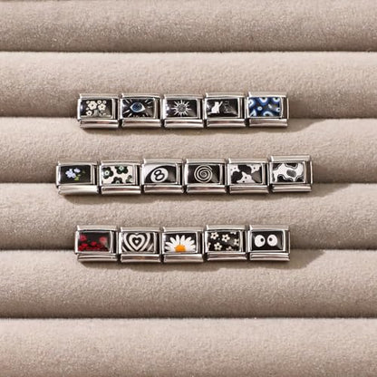 papasgix 11Pcs Italian Charms Set, 10mm*9mm Silvery Italian Charm | Italian Charms Bracelet Link Black Patterns Stainless Steel DIY Jewelry Gifts - style: Flower