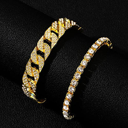 HH BLING EMPIRE 14K Gold and Silver Bracelets Diamond Tennis and Cuban Link Bracelet for Men Women Hip Hop Jewelry - color: Set B-Gold, size: 8.5"