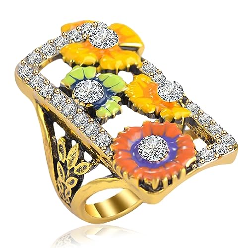 Big Enamel Flower Leaf Full Finger Ring,14K Gold Plated Cocktail Party Statement Ring for Women