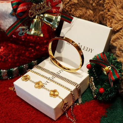 18 K Gold Plated Love Bangle Bracelet Stack for Women,Set of 4 Floral Clover Chain, Tennis Crystal &Gold Stackable Bangle Bracelet -Adjustable Layered Jewelry Gift for Wife Valentines Mother's Day-MVCOLEDY - color: Gold and White CZ