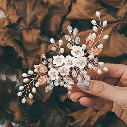 Unicra Flower Bride Wedding Hair Comb Leaf Rose Gold Bridal Headpiece Pearl Hair Accessories Crystal Hair Piece Jewelry for Women (C Rose Gold) - color: C Rose Gold