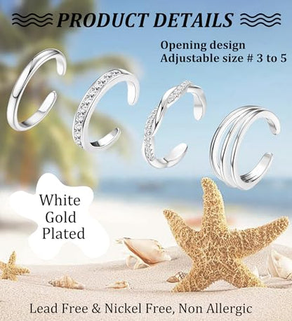 4Pcs 14K Gold Plated, White Gold Plated Toe Rings for Women | Silver Toe Rings, Hug CZ, Triple Twist, Simple Band, Open Toe Rings, Adjustable, Waterproof - color: Silver
