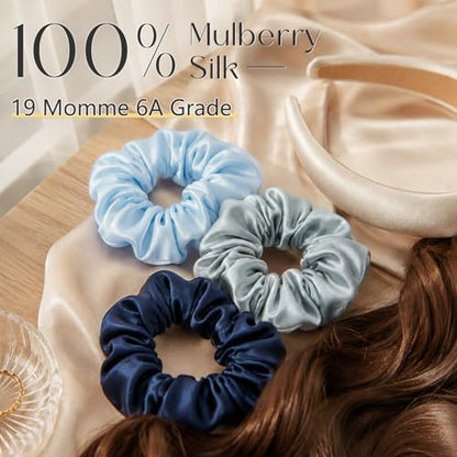 ZIMASILK 100% Pure Mulberry Silk Hair Scrunchies for Women | No Damage - Gentle Elastic Hair Ties for Ponytail Holder - Hair Accessories (3 Pack, Bluehaze, Navy Blue, Sky Blue) - color: Dusty Blue, Navy Blue, Sky Blue (3pcs)