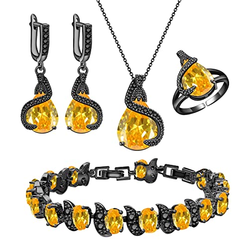 GZWHD Jewelry Set for Women Water Drop Cubic Zirconia Artificial Crystal Earrings Pendant Necklace Open Ring Tennis Bracelet Wedding Anniversary Birthday Engagement Gift for Bridesmaid Wife Girlfriend Friend - color: Black Gun-Yellow
