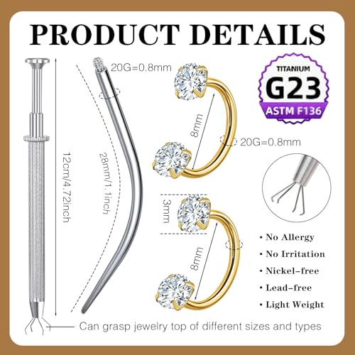 G23 Titanium Horseshoe Nose Ring 20G, 2 Pcs Double Gem Nose Ring for Women, 6mm 7mm 8mm Hypoallergenic Horseshoe Nose Rings Helix Tragus Earring Hoops Labret Lip Piercing Jewelry Small Septum Rings - color: 20G-8mm-2Pcs-Gold-White CZ