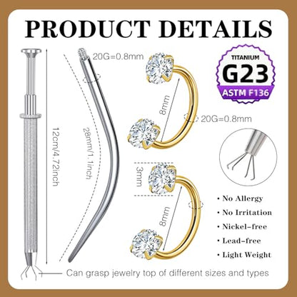 G23 Titanium Horseshoe Nose Ring 20G, 2 Pcs Double Gem Nose Ring for Women, 6mm 7mm 8mm Hypoallergenic Horseshoe Nose Rings Helix Tragus Earring Hoops Labret Lip Piercing Jewelry Small Septum Rings - color: 20G-8mm-2Pcs-Gold-White CZ