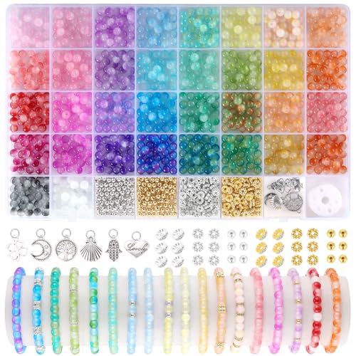 Funtopia 6mm Glass Beads Bracelet Making Kit, 1396pcs Gradient Glass Beads | 34 Colors Crystal Round Beads for Jewelry Making Bracelets DIY Crafts with Spacer Beads and Charms - color: #5 Gradient Patterns, size: 6mm