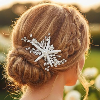 Casdre Starfish Bride Wedding Hair Comb Silver Crystal Bridal Hair Piece Pearl Beach Wedding Hair Accessories for Women and Girls