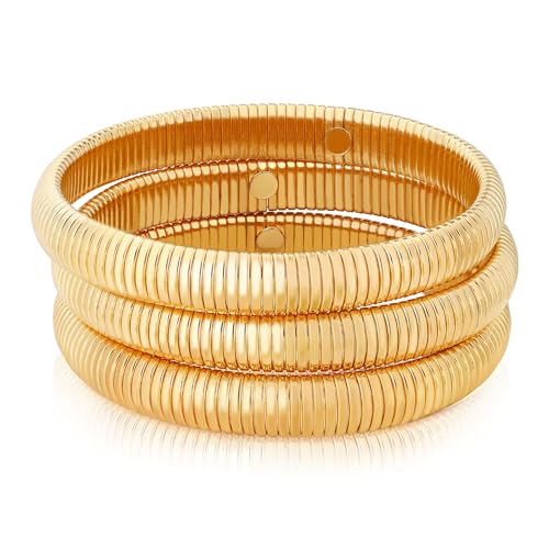 Gold Chunky Stretch Snake Chain Bangle Bracelets Stack for Women Trendy, 18K Gold Filled Stainless Steel Stretchy Womens Stackable Wristband Bangles Bracelet Set - style: 3PCS 10MM EACH