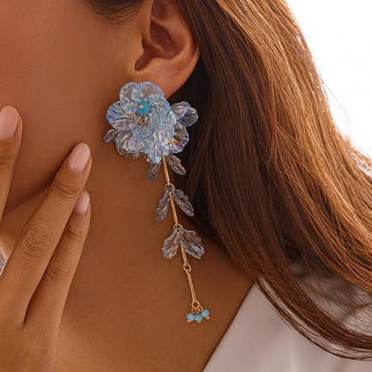 Fabric Flower Earrings for Women Colorful Long Tassel Floral Drop Earrings Fashion Boho Exaggerated Statement Beach Party Jewelry - color: acrylic blue