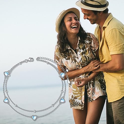 Flyow Anklet for Women S925 Sterling Silver Adjustable Foot Beaded Heart Charm Ankle Bracelet Anklets Jewelry - style: heart moonstone