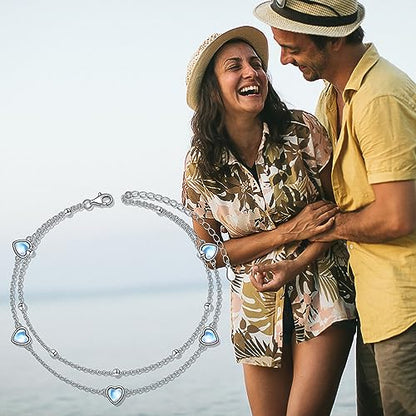 Flyow Anklet for Women S925 Sterling Silver Adjustable Foot Beaded Heart Charm Ankle Bracelet Anklets Jewelry - style: heart moonstone