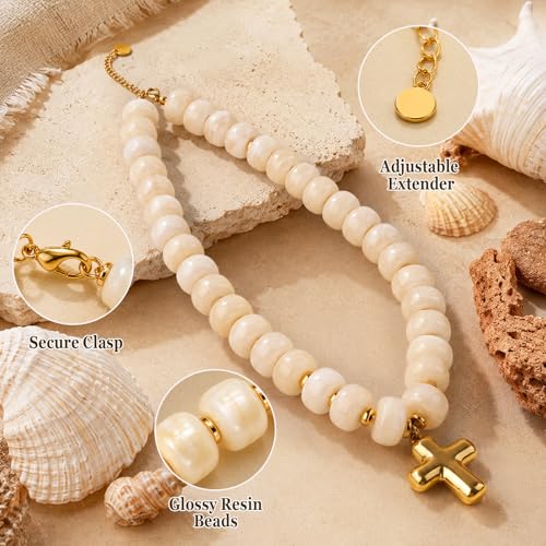 Colorful Resin Chunky Beaded Necklace for Women Modern Statement Choker Necklace with Gold Tone Cross Pendant Boho Summer Jewelry Gift - color: Ivory White-1