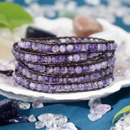 Genuine Stone Wrap Bracelets for Women Natural Crystal Beaded Wrap Bracelet 2/3/5 Adjustable Bohemian Bracelets Jewelry Gifts for Women Mom - color: amethyst(5 wraps)