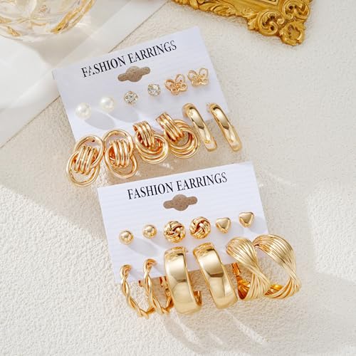 12 Pairs Chunky Gold Hoop Earrings for Women Trendy, Gold Plated Lightweight Hypoallergenic Stack, Thick Open Twisted Huggie Hoops Earring Set - color: 12 Pairs Gold CZ Dainty