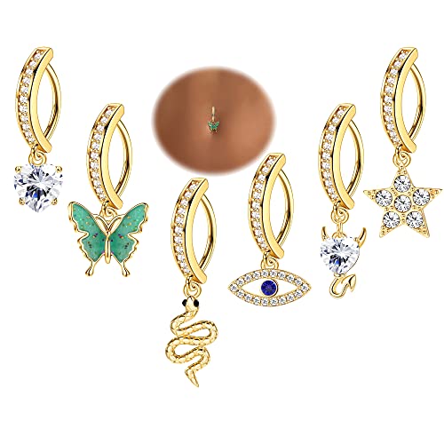 JOERICA 6 Pcs 14G Clicker Belly Button Ring for Women 316L Surgical Steel Butterfly Snake Evil Eye Heart CZ Opal Dangle Belly Button Rings Simple Reverse Navel Rings Body Belly Piercing Jewelry - color: Gold Tone A