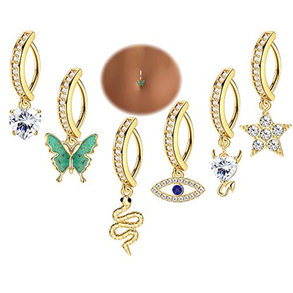 JOERICA 6 Pcs 14G Clicker Belly Button Ring for Women 316L Surgical Steel Butterfly Snake Evil Eye Heart CZ Opal Dangle Belly Button Rings Simple Reverse Navel Rings Body Belly Piercing Jewelry - color: Gold Tone A