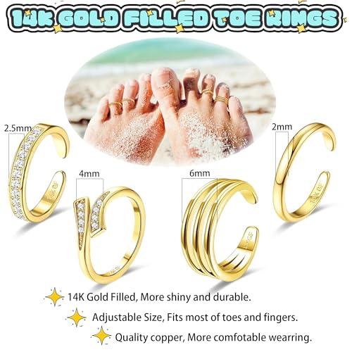 LOFITOR 4PCS Gold Toe Rings for Women Non Tarnish Waterproof Toe Ring Set | 14K Gold Filled Dainty Stackable Cute Thin Adjustable Open Band Toe Ring Cz Foot Jewelry For Beach Summer Hawaiian - style: Elegant Style