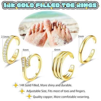 LOFITOR 4PCS Gold Toe Rings for Women Non Tarnish Waterproof Toe Ring Set | 14K Gold Filled Dainty Stackable Cute Thin Adjustable Open Band Toe Ring Cz Foot Jewelry For Beach Summer Hawaiian - style: Elegant Style