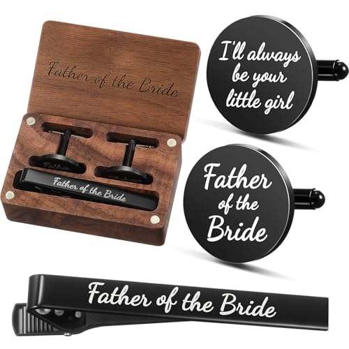 Colingmill Father of the Bride Gift Dad of the Bridegroom Cufflinks Tie Clip Set with Engraved Wood Gift Box for Dad - style: Father of the Bride,Always,Black