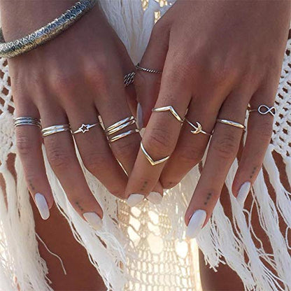HUJUON 27-34PCS Knuckle Rings Set for Women Stackable Finger Ring Sets Vintage Joint Midi Rings Gold/Silver Star Moon Stacking Rings for Women - style: 34PCS