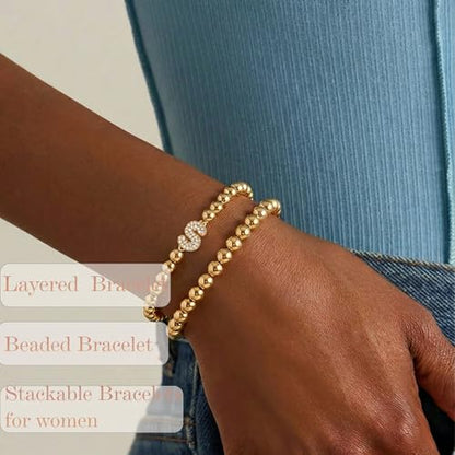 Initial Stack Bracelet Set for Women Trendy 14K Gold Plated Beaded Stackable Stacking Stretch Name Bracelets Dainty Friendship Waterproof Charm Cute Birthday Jewelry Gifts for Women - color: Initial S
