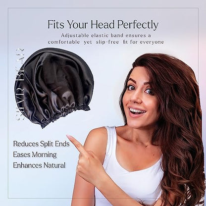 Silvr Bear Satin Sleep Bonnet for Women | Hair Sleep Bonnet| Great for Thick and Curly Hair | Reversible Black Satin Bonnet - color: Black Satin Bonnet
