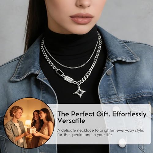 Double Layer Necklace for Women Trendy Layered Jewelry Adjustable Chain Necklace for Daily Wear and Special Occasions - color: Silver Star