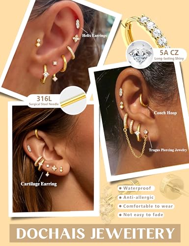Gold Earrings for Women Flat Back Earrings Hypoallergenic Earring Stacks | 14K Gold Plated Surgical Stainless Steel Earring Set Chain Cartilage Earrings - Helix Piercing Jewelry for Women Trendy Gold - color: Gold 2