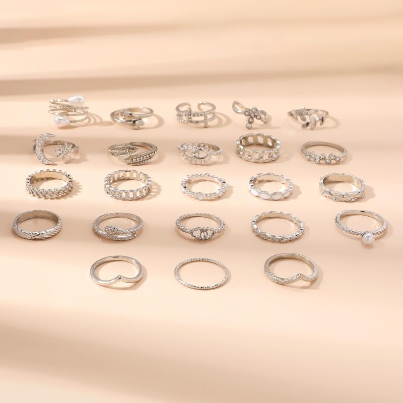 Chunky Gold Rings for Women Gold Baroque Pearl Rings Open Adjustable Pearl Ring Stacking Knuckles Rings Set Boho Prom Costume Fashion Jewelry for Women 2026 - style: Silver Moon