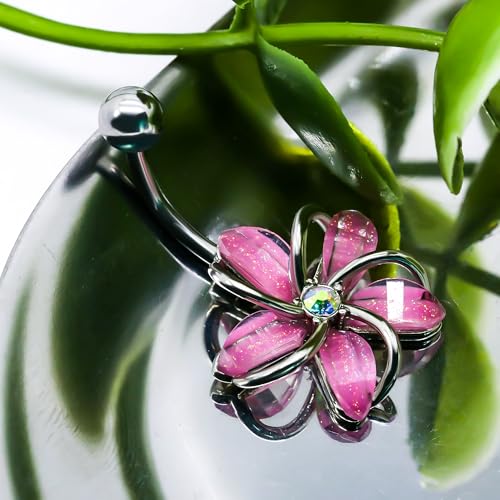 VERAMI 14G 316L Flower Belly Button Ring Surgical Steel Cute Flower Belly Button Ring Body Piercing Jewelry - color: Pink flower