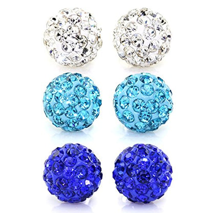 JewelrieShop Rhinestones Crystal Ball Stud Earrings Set Fireball Disco Ball Pave Bead Earrings Hypoallergenic for Women - color: Set C. 6mm x 3 Pairs(White, Aquamarine, Sapphire)