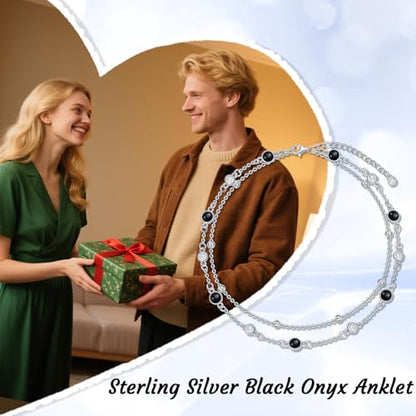 HPQQ Anklets for Women 925 Sterling Silver Natural Stone Layered Anklet Beach Summer Fine Jewelry Birthday Mothers Day Gifts for Women Mom Her - color: Black Onyx 9"-11"