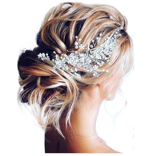 Bride Flower Wedding Hair Vine Crystal Bridal Hair Piece Rhinestone Party Hair Accessories Leaf Hair Jewelry Bead Headpiece for Women - color: Silver