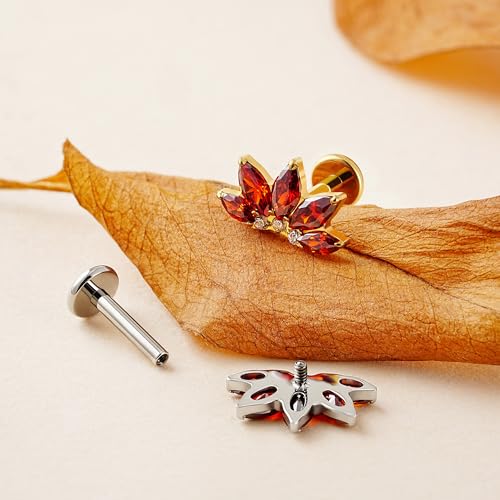 FINE4U 1PC ASTM F136 Titanium 16G Flatback Stud for Tragus, Helix, Conch 6mm 8mm - Screw on Cartilage Earring Piercing Jewelry - color: Flower CZ - Garnet - Tit