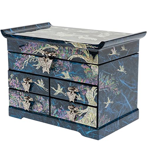 February Mountain Mother of Pearl Wooden Jewelry Organizer Box – Jewelry Storage Box for Women, Features Spacious Drawers, Ideal for Rings, Bracelets, Watches, Chains, Accessories (Crane_Blue) - style: Crane_Blue