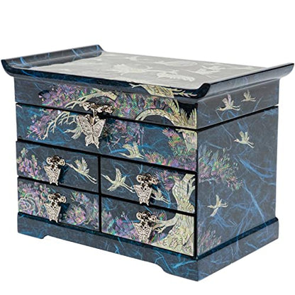 February Mountain Mother of Pearl Wooden Jewelry Organizer Box – Jewelry Storage Box for Women, Features Spacious Drawers, Ideal for Rings, Bracelets, Watches, Chains, Accessories (Crane_Blue) - style: Crane_Blue