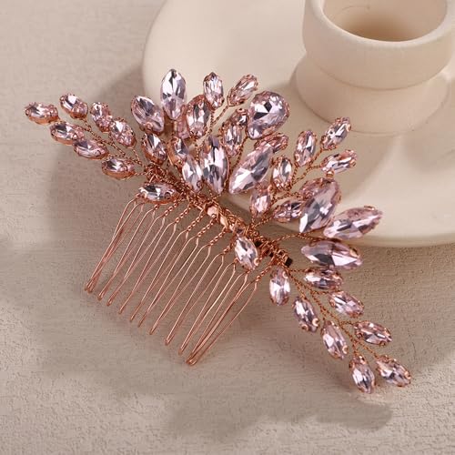 Teyglen Bridal Crystal Hair Comb Full Rhinestone Wedding Hair Comb Pink Teardrop Crystal Hair Piece for Bride Wedding Hair Accessories for Women Bridal Headpiece (Pink) - color: Pink