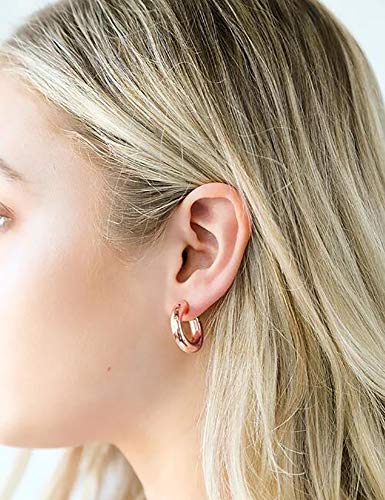 sovesi Chunky Hoop Earrings for Women, 14K Gold Plated Thick Hoops | 5mm Thick Hollow Tube Chunky Lightweight Hypoallergenic Hoop Earrings for Women - style: Rose Gold 25MM