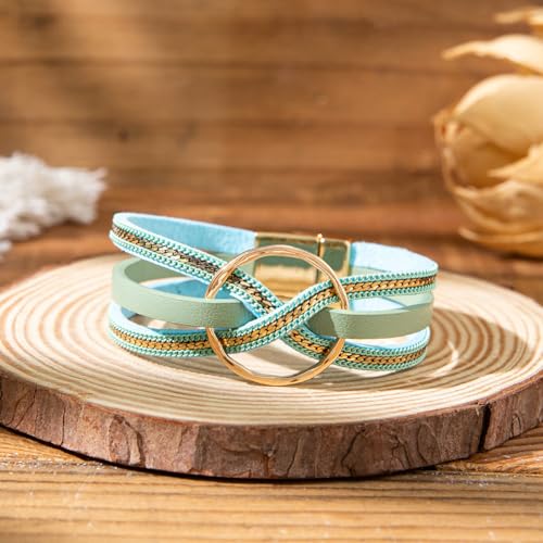 xuzhiyuan Bohemian Leather Cuff Bracelet Multi-Layer Wrap with Circle Accent Bracelet Boho Braided Bracelet Jewelry Gift for Women - color: Green