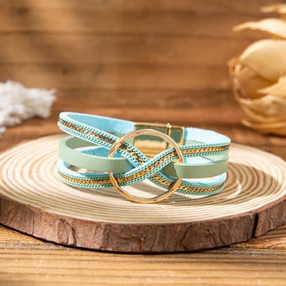 xuzhiyuan Bohemian Leather Cuff Bracelet Multi-Layer Wrap with Circle Accent Bracelet Boho Braided Bracelet Jewelry Gift for Women - color: Green