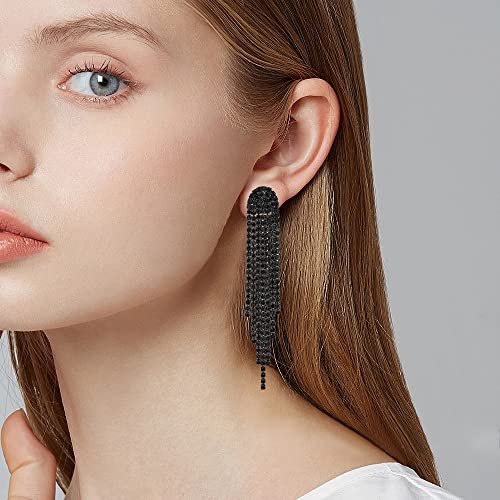 Mlouye 3.3"L Rhinestone Earrings Dangling Long Fringe Crystals Chandelier Dangle Drop Earrings for Women - color: 1-Pierced-Black
